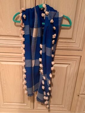 EUC Club Monaco Blue Plaid Tassel Scarf